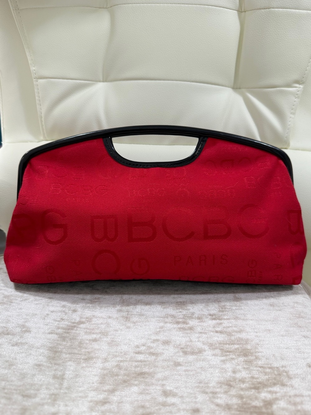 BCBG Paris Red Fabric Clutch with Black Trim Handle new
